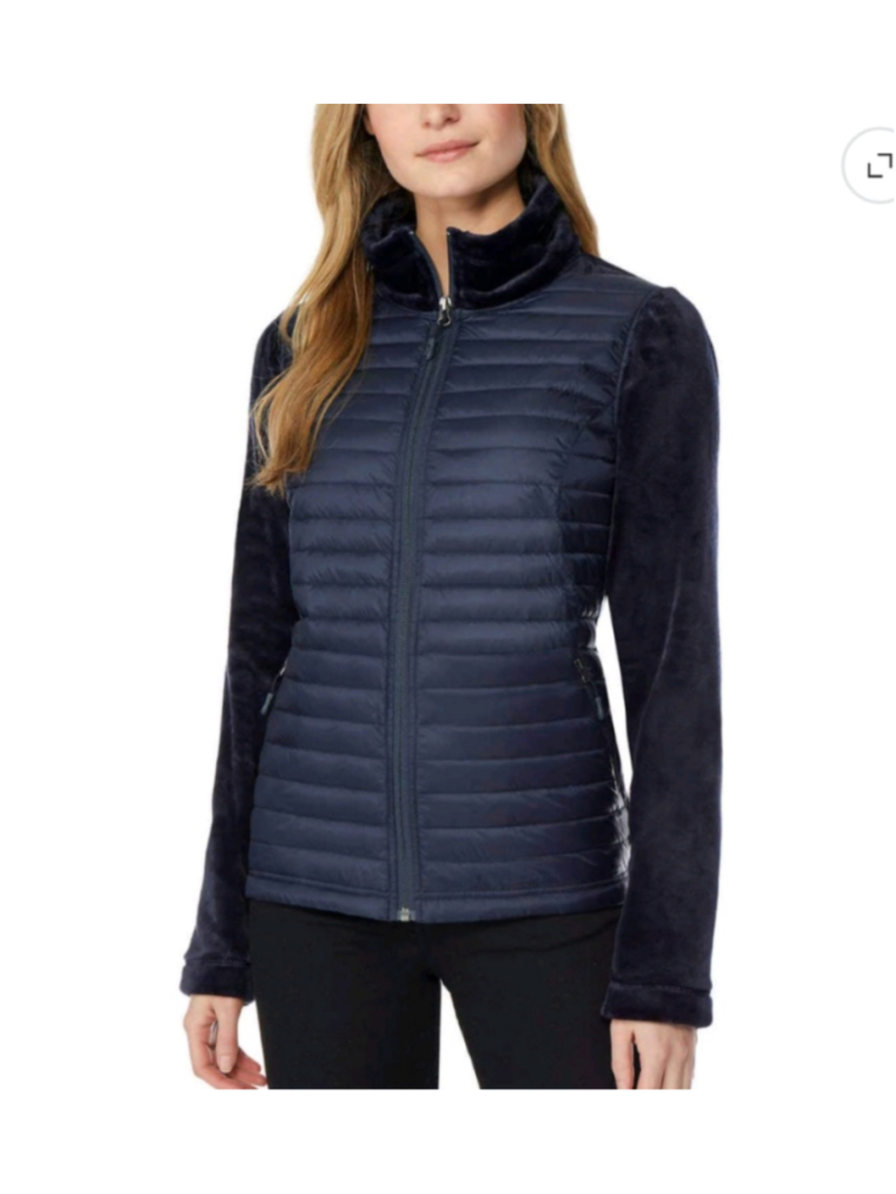 Women's 32 Degrees Navy Puffer Jacket with Faux Fur Sleeves & Collar, Size M